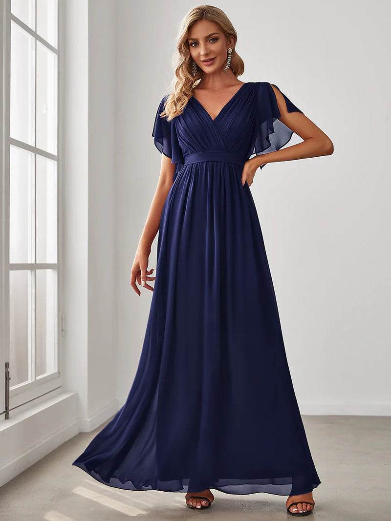 Elegant A-Line Bridesmaid Dress with Deep V-Neck and Ruffle Sleeves - Biamonde